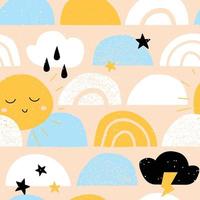 Cute baby seamless pattern with sun, rainbow, star, and cloud. Vector childish background in scandinavian style. Vector illustration for print, design, fabric.