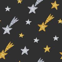Seamless pattern with gold and silver glittering stars on black background. Vector illustration for print, scrapbook or wrapping paper