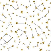 Magic seamless pattern with gold glittering constellations. Star background and zodiac constellations on white background. vector