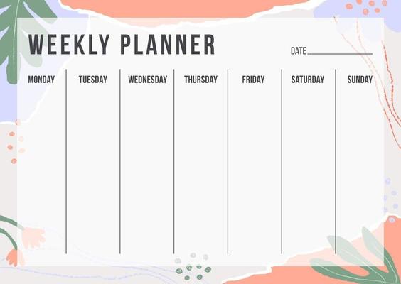 Floral weekly planning template with pieces of torn paper, flower and chalk line. Blank weekly planner with notes in pastel colors. Simple stylish organizer design. Vector illustration