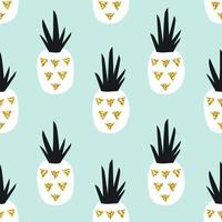 Seamless pattern of hand drawn pineapple with gold glitter texture. Modern stylish background in scandinavian stylefor design and decor. Summer vector illustration.