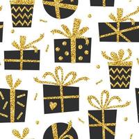 Creative seamless pattern of black gift with gold glitter ribbon. Stylish greeting background in scandinavian style. Vector illustration