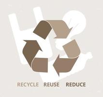 Symbol of Recycle with bottle, bulb and bag. Ecology banner with Recycle symbol. Waste problem creative concept. Reduce Reuse Recycle. Vector illustration flat style