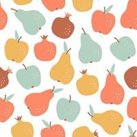 Pastel seamless pattern with hand drawn fruit in cartoon style. Flat background apple,  pear and garnet. Summer vector illustration