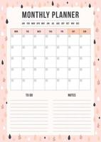 Cute Monthly planning template with check and place for thing and date in Scandinavian style. Blank planner with notes on background with pink and glitter rain. Vector illustration