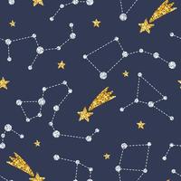 Magic seamless pattern with gold and silver glittering constellations. Star background and zodiac constellations on blue background. vector