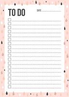 Cute To Do List template with check and place for thing and date in Scandinavian style. Blank planner with notes on background with pink and glitter rain. Stylish organizer design. Vector illustration