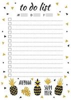 Creative to do list with gold glitter pineapples in scandinavian style. Stylish fashion organizer and schedule, black and gold color. Planner template with space for date. Vector illustration.