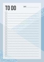 Fashion To Do List template with place for thing and date on geometric background. Blank planner with notes in blue and glitter color. Stylish organizer design. Vector illustration
