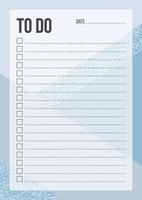 Fashion To Do List template with place for thing and date on geometric background. Blank planner with notes in blue and glitter color. Stylish organizer design. Vector illustration