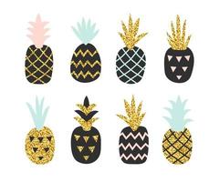 Set of creative pineaooles on white background with gold glitter texture. Scandinavian stylish background with hand drawn geometric pineapple. Vector illustration