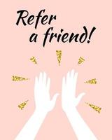 Refer a friend concept, hands give five with gold glitter texture. Fashion banner with sparkle in flat style. Vector illustration with copy space