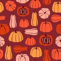 Seamless pattern with hand drawn pumpkin in cartoon style. Flat  background of pumpkins and squash on burgundy background. Autumn texture for thanksgiving, harvest and halloween. Vector Illustration