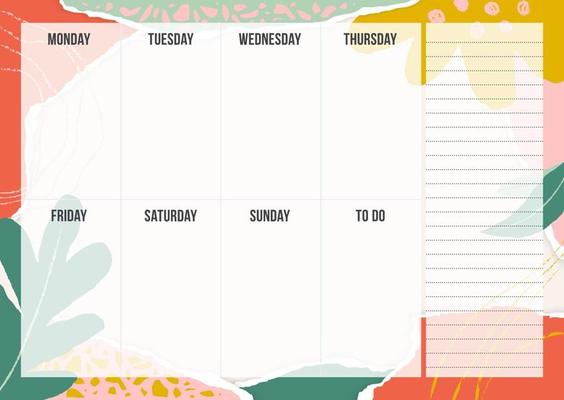 Stylish weekly planning template with pieces of torn paper, flower and chalk line. Blank weekly planner with notes in pastel colors on collage paper background. Simple organizer design