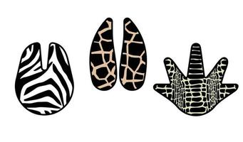 Set of paw print zebra, crocodile and giraffe. Trendy animal print. Fashion vector illustration for print.