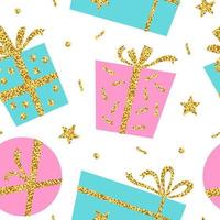 Creative seamless pattern of gift with gold glitter ribbon. Stylish greeting background. Vector illustration