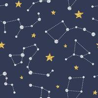 Magic seamless pattern with gold and silver glittering constellations. Star background and zodiac constellations on blue background.