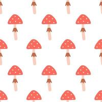 Seamless pattern with hand drawn fly agaric in cartoon style. Flat background with mushrooms. Autumn vector illustration