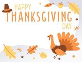 Hand drawn Happy Thanksgiving Day banner with copy space. Holiday greeting card with turkey. Fall colorful leaves and lettering Thanksgiving on liquid background. Vector illustration