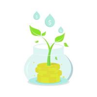 pila de monedas con planta joven, vidrio y gota de agua, ahorro del concepto de trabajo, ilustración de marketing digital. vector