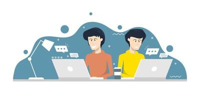 Cartoon vector design, Young people talking on laptop, Digital marketing illustration.