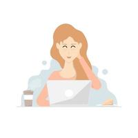 diseño de mujer tímida de dibujos animados, mujer usando una computadora portátil en el escritorio, ilustración de marketing digital. vector