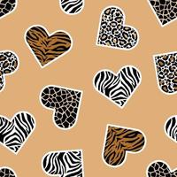 Seamless pattern of animal skin in shape of heart leopard, giraffe, tiger and zebra. Trendy animal print. Fashion vector illustration.