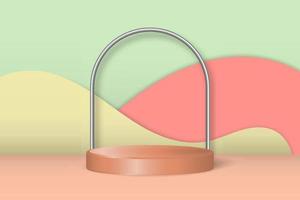 3d stage background minimal scene with silver ring, geometric platform. Stage background vector 3d rendering podium. Stage to show cosmetics or promotion products. Modern pedestal on green platform.