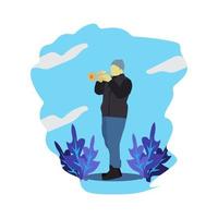 Trumpet player with a trumpet or pipe stands. Vector man in suit playing a musical instrument. flat design.