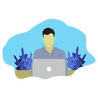 Man is working with laptop. Flat vector illustration.