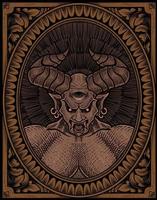 ilustración demonio rudo con adorno de grabado vector
