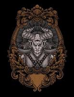 illustration badass demon with Engraving ornament vector