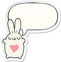 lindo conejo de dibujos animados y amor corazón y etiqueta engomada de la burbuja del habla vector