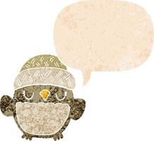 cute cartoon owl in hat and speech bubble in retro textured style vector