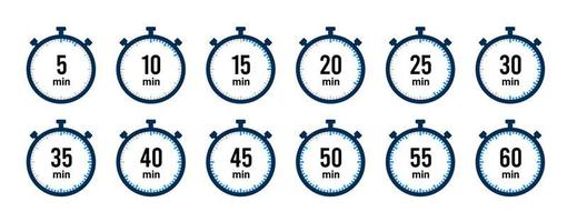 Timer icon collection. Set of timer Stopwatch icons. Countdown from 0 to 60 seconds. vector