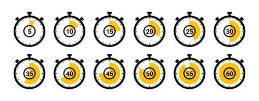 Timer icon collection. Set of timer Stopwatch icons. Countdown from 0 to 60 seconds. vector