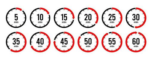 Timer icon collection. Set of timer Stopwatch icons. Countdown from 0 to 60 seconds. vector