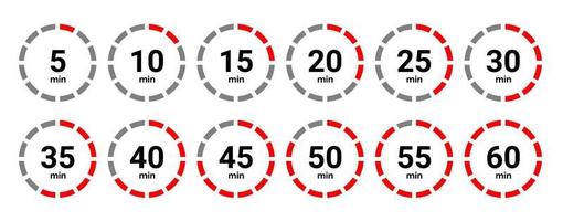 Timer icon collection. Set of timer Stopwatch icons. Countdown from 0 to 60 seconds. vector