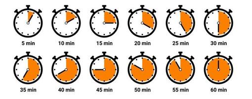 Timer icon collection. Set of timer Stopwatch icons. Countdown from 0 to 60 seconds. vector