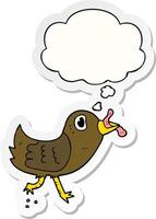 cartoon bird with worm and thought bubble as a printed sticker vector