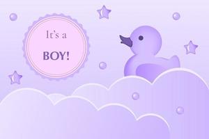 Its a boy. Cartoon clouds, duck toy on pastel purple background. Baby shower horizontal banner. Vector illustration