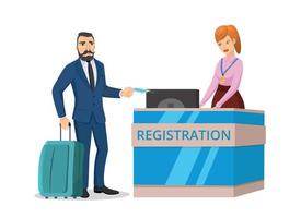 Man at reception. Tourist waiting for check in to their flight on white background vector