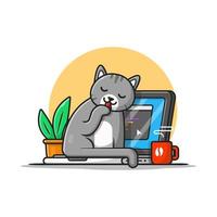 lindo gato con ilustración de icono de vector de dibujos animados de computadora portátil. concepto de icono de tecnología animal vector premium aislado. estilo de dibujos animados plana
