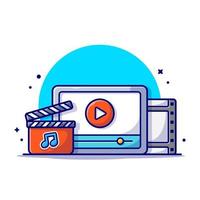 Streaming Music Video with Play Button and Note of Music  Cartoon Vector Icon Illustration. Technology Art Icon Concept  Isolated Premium Vector. Flat Cartoon Style