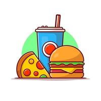 ilustración de icono de vector de dibujos animados de hamburguesa, pizza y refrescos. concepto de icono de comida y bebida vector premium aislado. estilo de dibujos animados plana