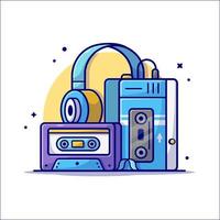 Old Music Player with Cassette and Headphone Music  Cartoon Vector Icon Illustration. Technology Art Icon Concept  Isolated Premium Vector. Flat Cartoon Style