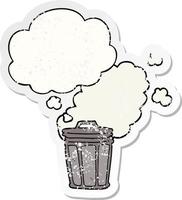 cartoon stinky garbage can and thought bubble as a distressed worn sticker vector