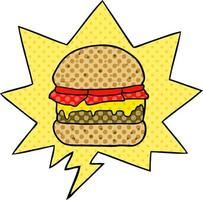 cartoon stacked burger and speech bubble in comic book style vector