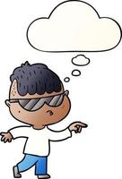 cartoon boy wearing sunglasses pointing and thought bubble in smooth gradient style vector