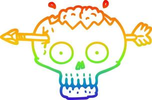 rainbow gradient line drawing cartoon skull with arrow through brain vector